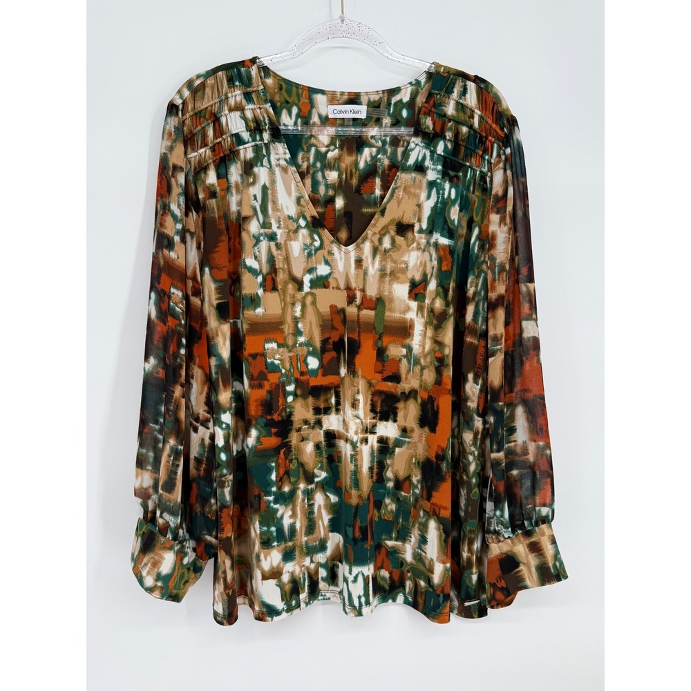 Calvin Klein Womens Sz 2X Abstract Brushstroke V-Neck Blouse Green Brown Orange